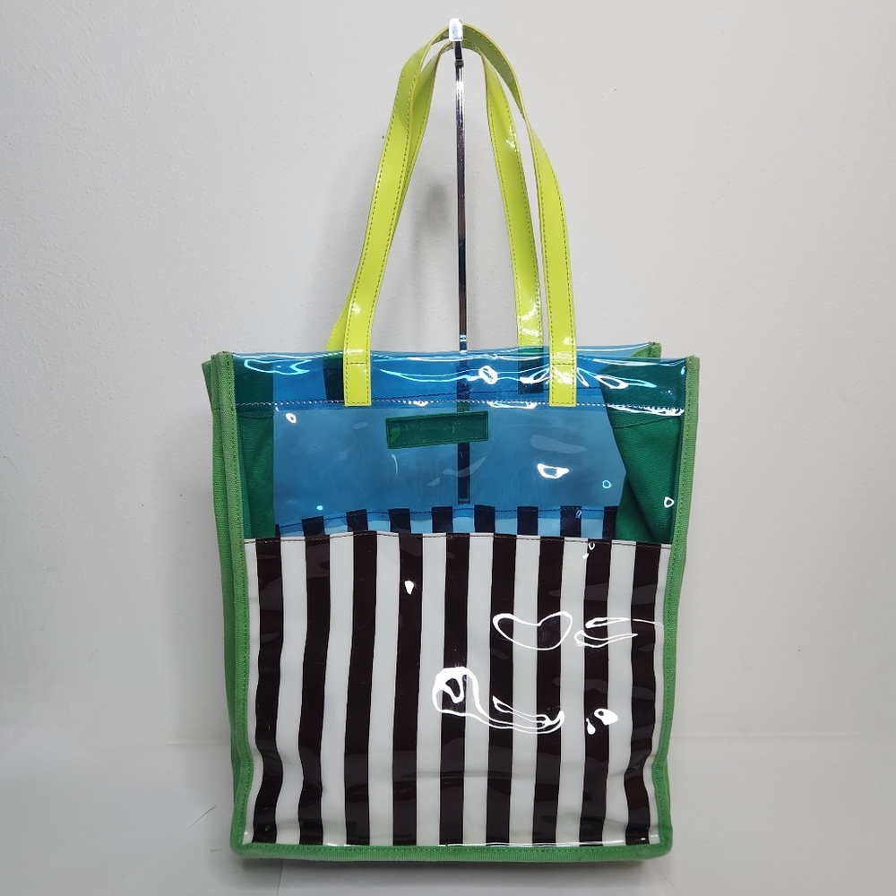 Henri Bendel Tote Bag PVC Canvas Blue Brown White Stripe Green Trim - Picture 6 of 10